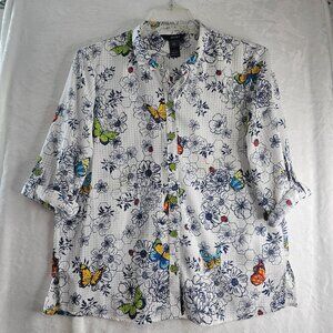 Ali Miles Floral Butterfly Print Blouse Button Up Burnout Size L Tunic Traveler